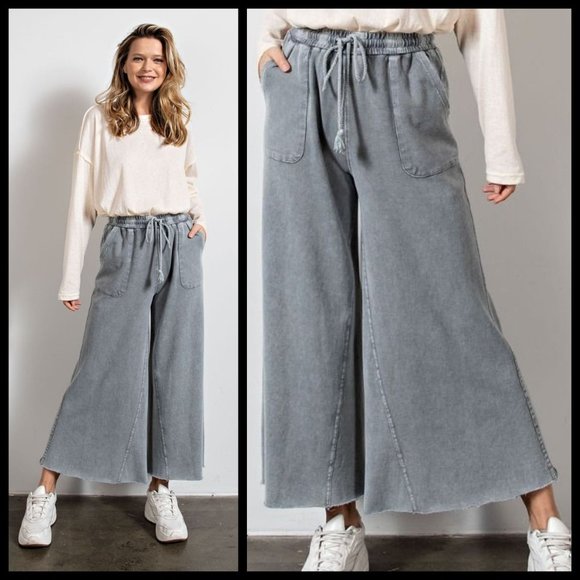 📌 EASEL "The Originals" Mineral Wash Wide Leg Drawstring Pants Pockets Raw Hems - Picture 13 of 15